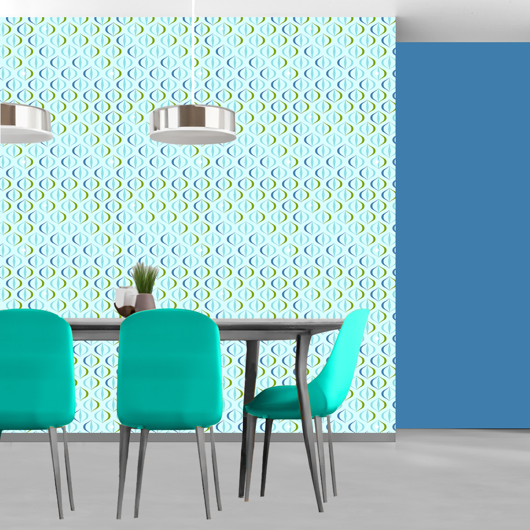 The artwork features a repeating geometric pattern of symmetrical shapes resembling elongated, curved diamonds or petals in various shades of blue and green. Each shape is split vertically with one half filled with a light blue and the other half filled with green or darker blue. The background is a light, almost pastel blue, which provides a soft yet vibrant backdrop. One of the blue shapes near the upper left contains a white starburst element, adding a focal point of brightness to the composition. The overall design conveys a modern, mid-century aesthetic with clean lines and harmonious color contrasts.